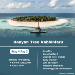 Banyan Tree Vabbinfaru Stay 4 Pay 3, USD100 Credits, Free Breakfast and More